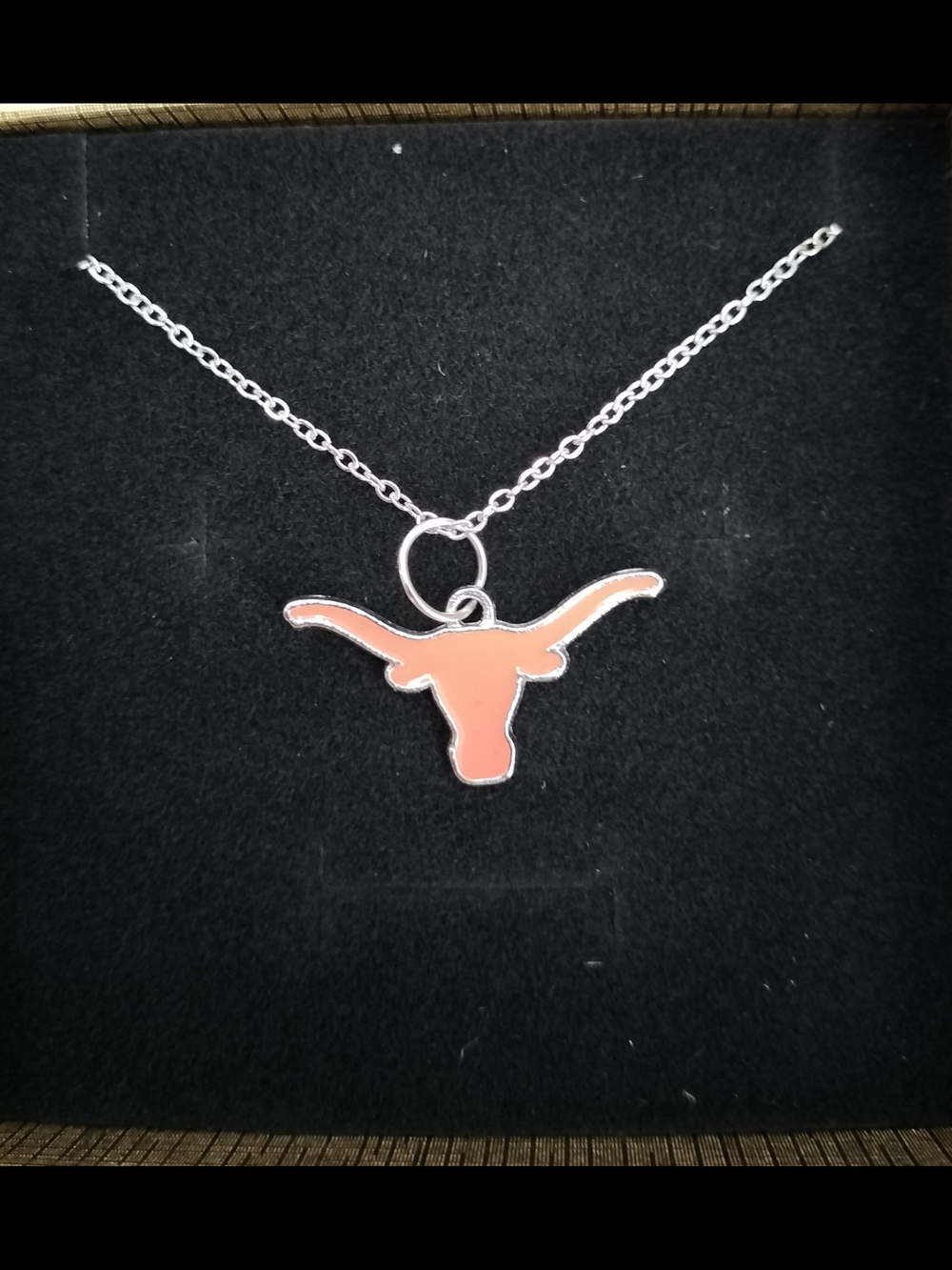 Texas Longhorn Pendant Necklace in Orange Enamel In Nice Gold Box